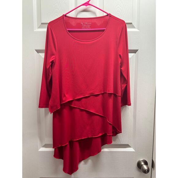 Chico's Size Small (0) Red Scoop Neck 3/4 Sleeve Asymmetric Hem Layered Top - Picture 1 of 4